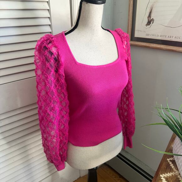 On Twelfth Top Womens Small Hot Pink Sheer Puff Sleeve Dainty Milkmaid Coquette - Picture 6 of 12